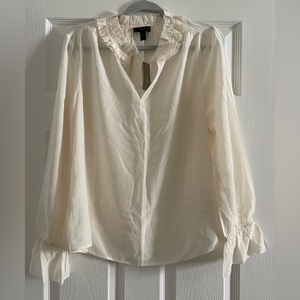 H&M Cream Ruffled Collar Long Sleeve Blouse